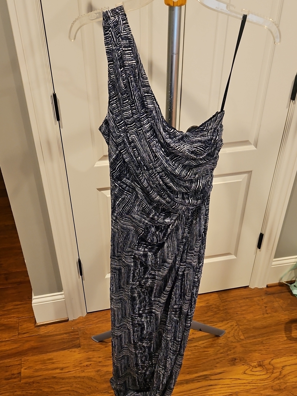 David Meister One-Shoulder Navy Chevron Stunning Maxi Dress Size 12
